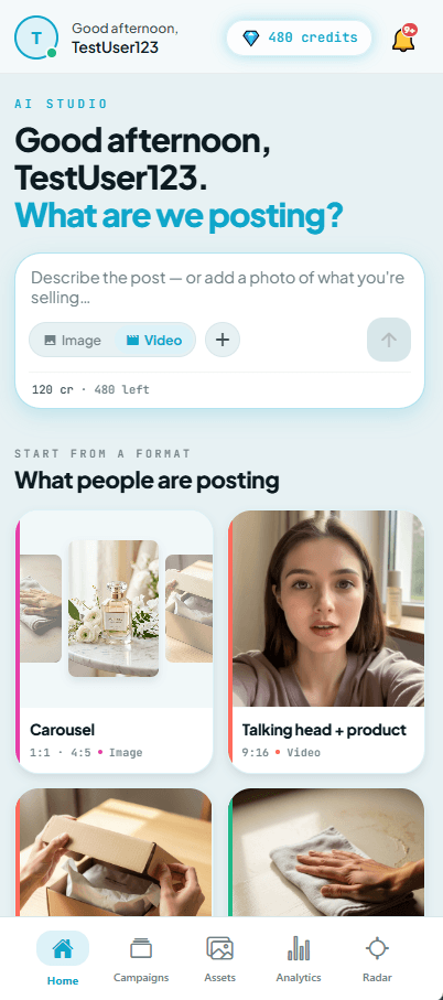 AnZi.AI home screen — describe a post or add a product photo, then pick from trending formats like carousels and talking-head videos
